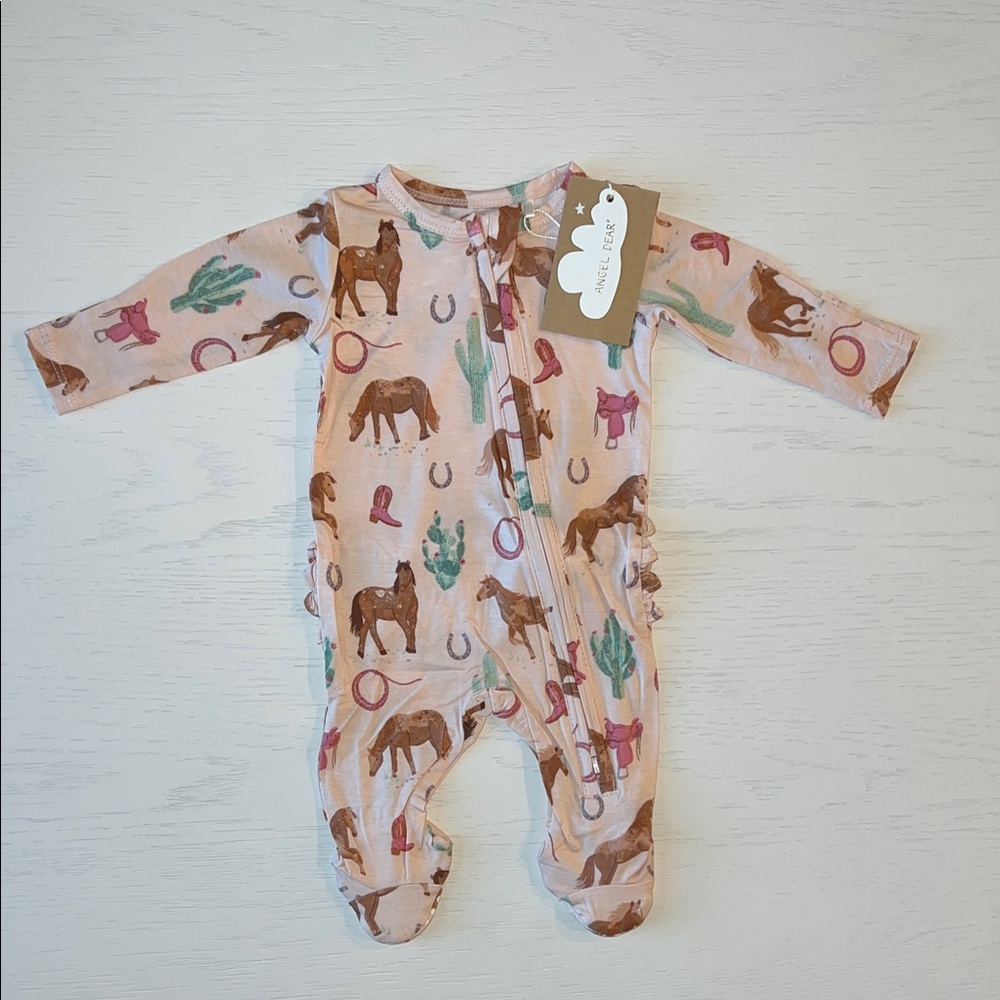 Angel Dear Ruffle Back Footie Western Horses Pink 0-3 3-6 6-9 9-12 month